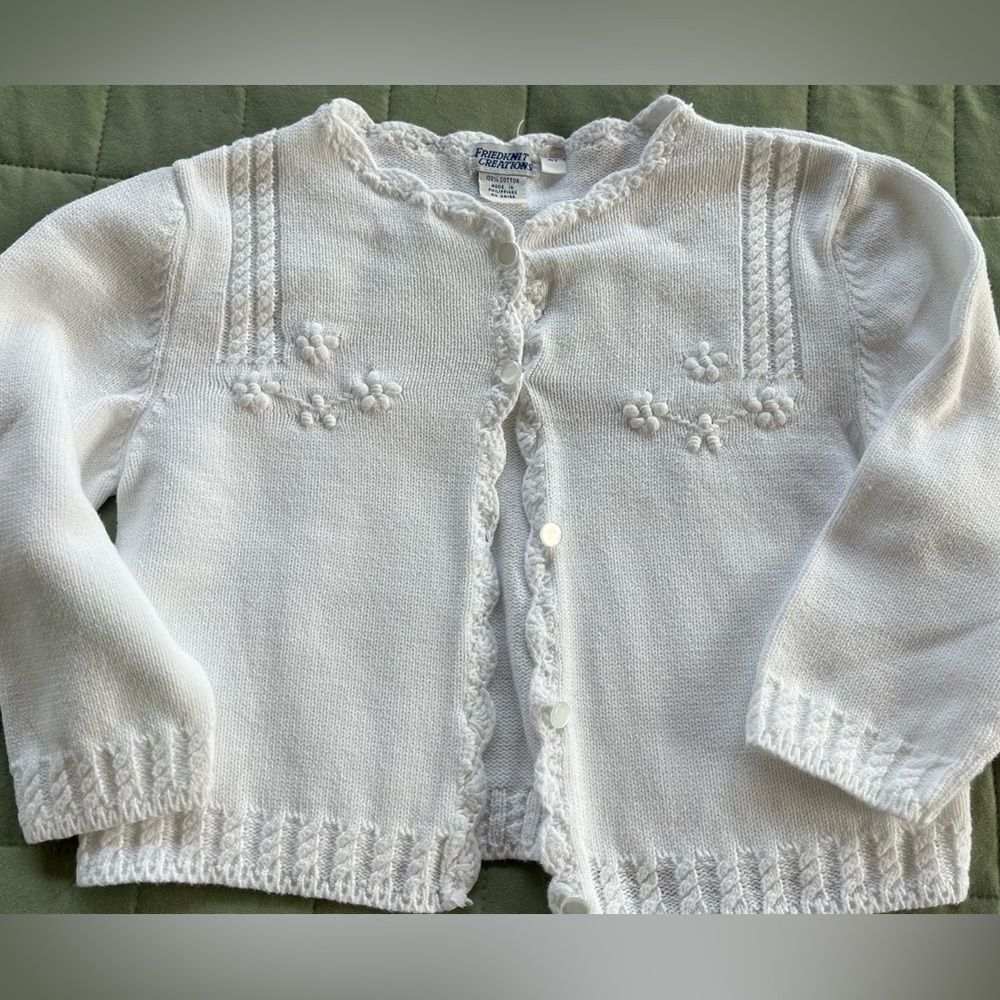 Friedknit Creations Vintage White Cotton Cardigan with Floral Details Size 4T